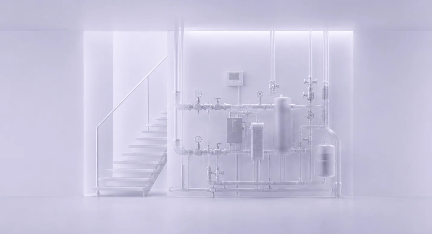 Translucent render of a building heat substation with pipework, valves, gauges and a controller
