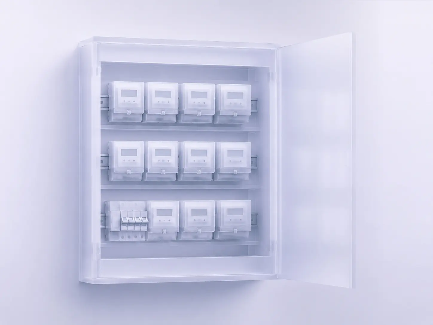 Translucent render of an open metering cabinet with twelve DIN-rail meters on an RS-485 Modbus line